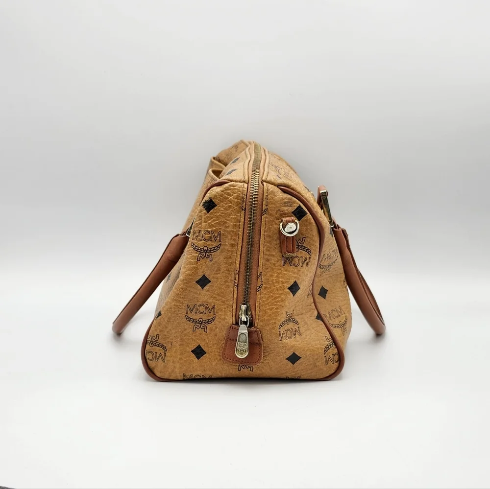 MCM Cognac Brown Monogram Satchel with Gold Hardware